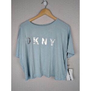 DKNY Sport Shirt Womens XS Blue Open Back Cropped Logo Tee‎ Modal Stretch Top